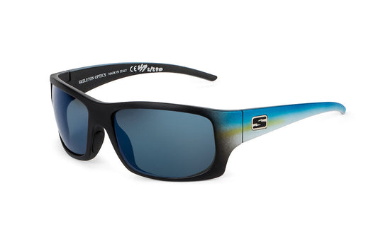 Outlaw Yellow Fin sunglasses Skeleton Optics; black frame, blue mirrored lenses, blue-yellow gradient temples on Tampa Home & Garden Store