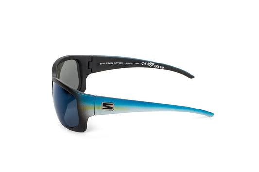 Outlaw Yellow Fin sunglasses by Skeleton Optics with black frame and blue gradient temples on Tampa Home & Garden Store