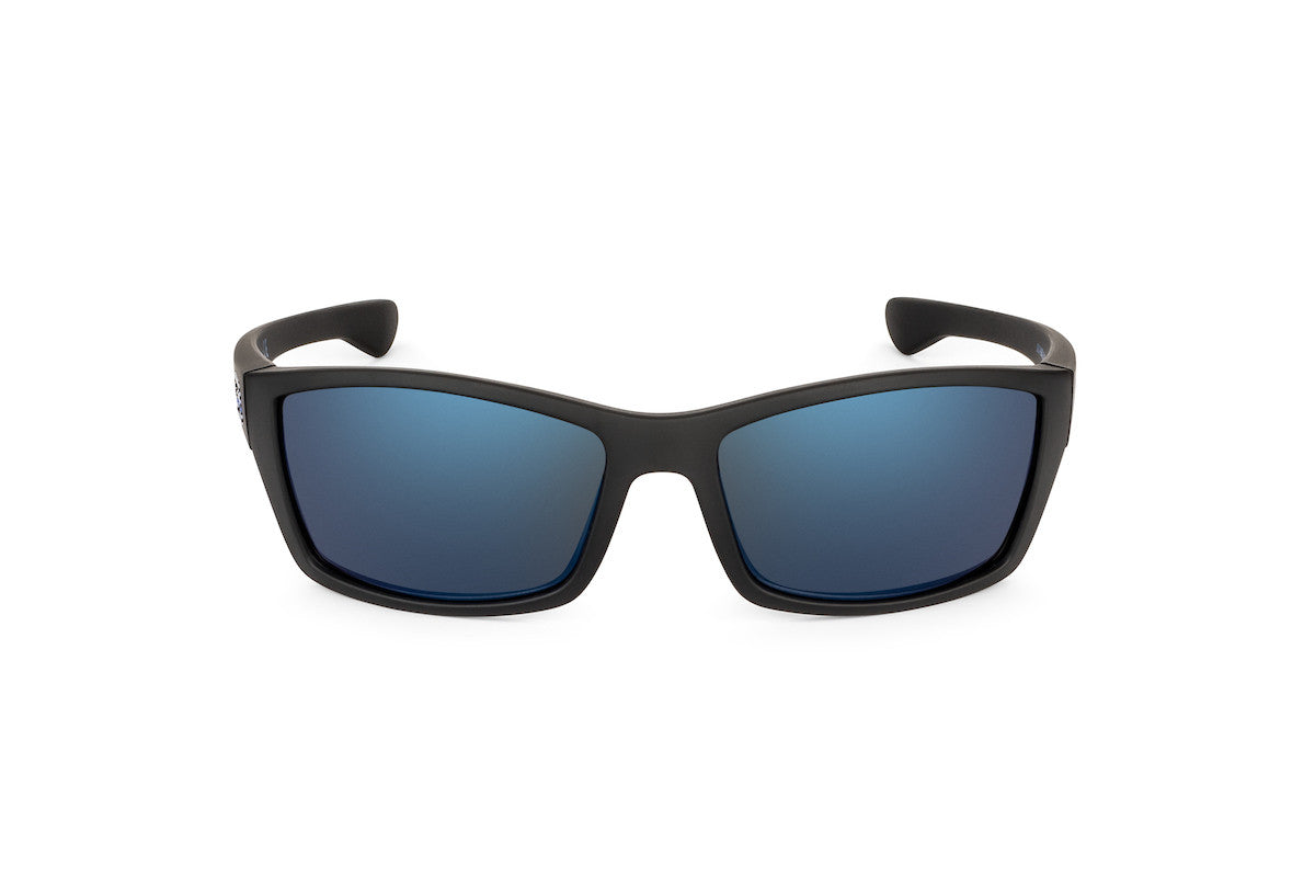 Scout Blue Line sunglasses by Skeleton Optics with black frame and blue mirrored lenses on Tampa Home & Garden Store