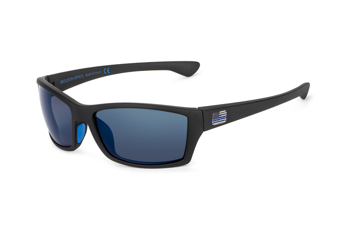 Scout - Blue Line sunglasses with black frame and blue mirrored lenses by Skeleton Optics on Tampa Home & Garden Store