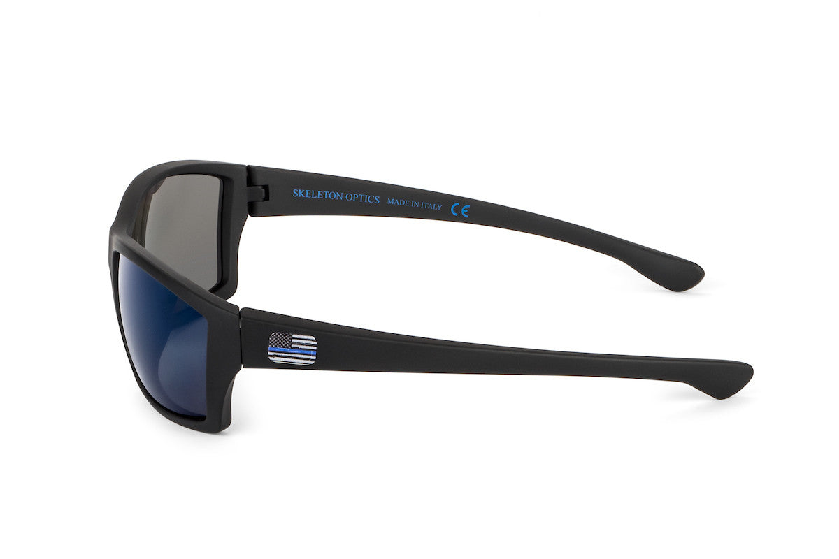Sunglasses Scout Blue Line by Skeleton Optics, black matte frame, blue reflective lenses on Tampa Home & Garden Store