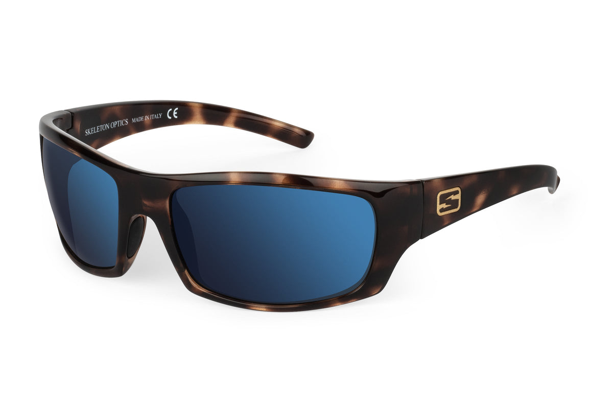 Renegade tortoiseshell sunglasses with blue mirrored lenses; Skeleton Optics logo on temple on Tampa Home & Garden Store