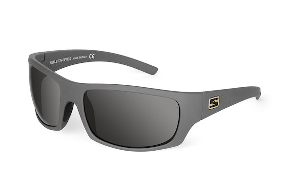 Renegade Wolf Gray sunglasses by Skeleton Optics, matte gray frame with dark lenses, temple logo on Tampa Home & Garden Store