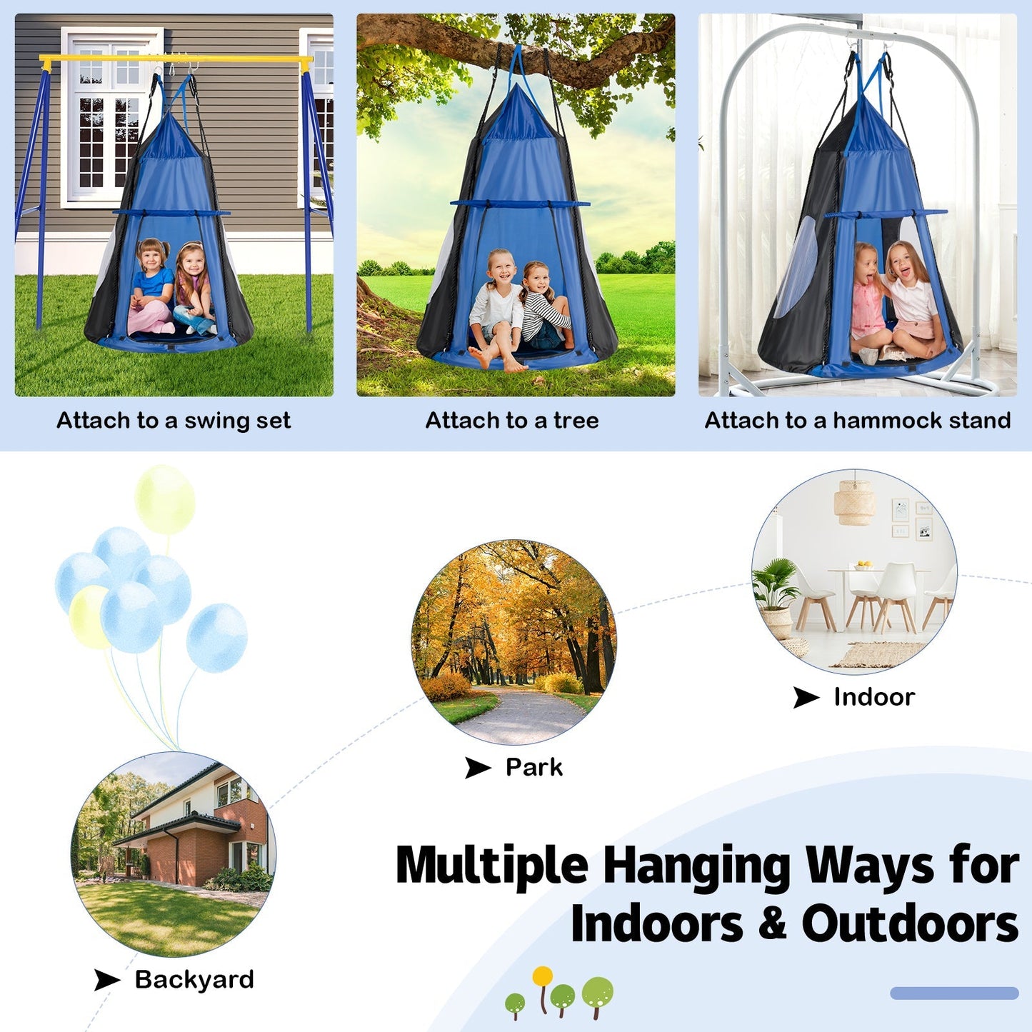 GemGear 2-in-1 40-inch kids hanging chair detachable swing tent set in blue with black panels on Tampa Home & Garden Store