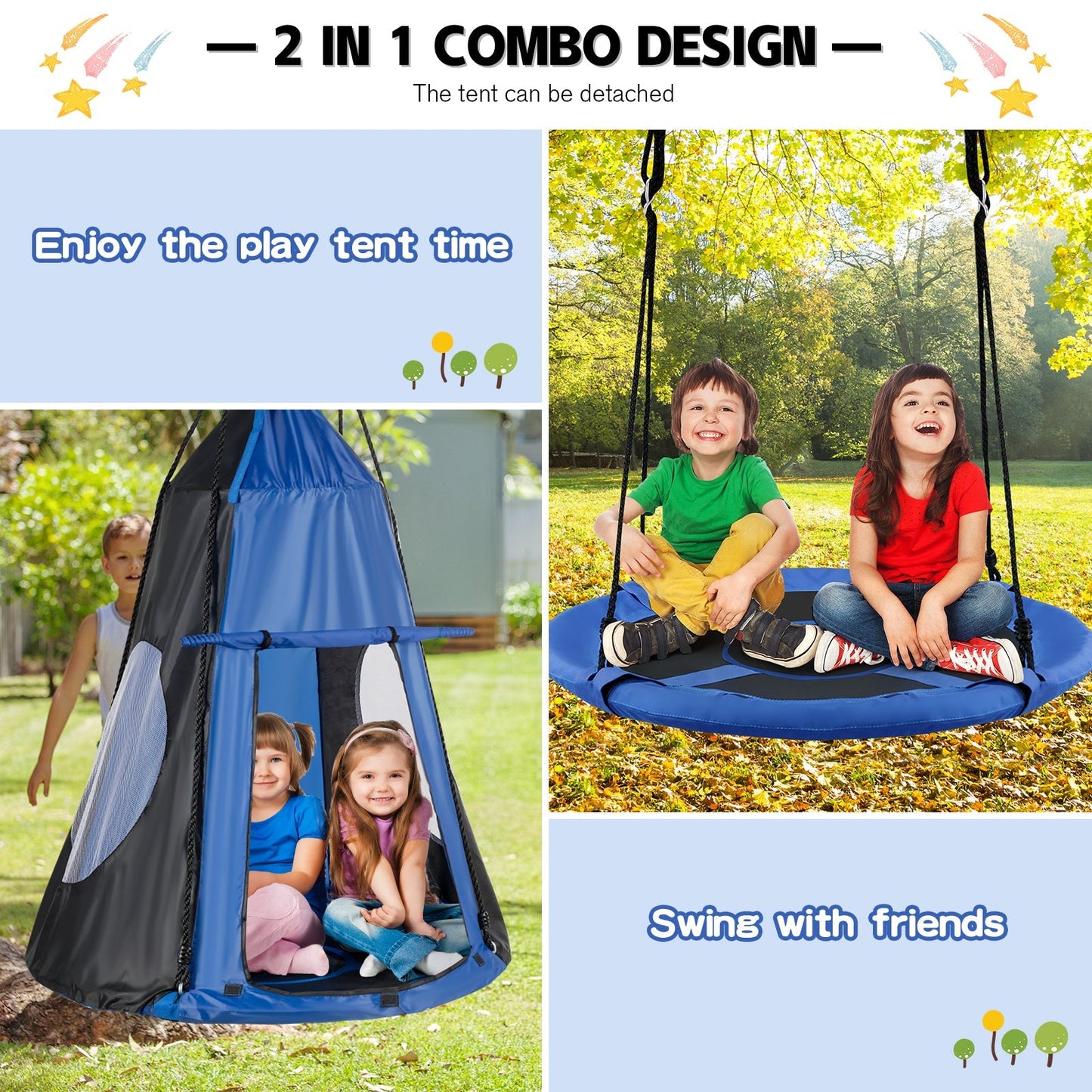2-in-1 40in kids hanging chair detachable swing tent set in blue by GemGear, kids enjoy swing on Tampa Home & Garden Store