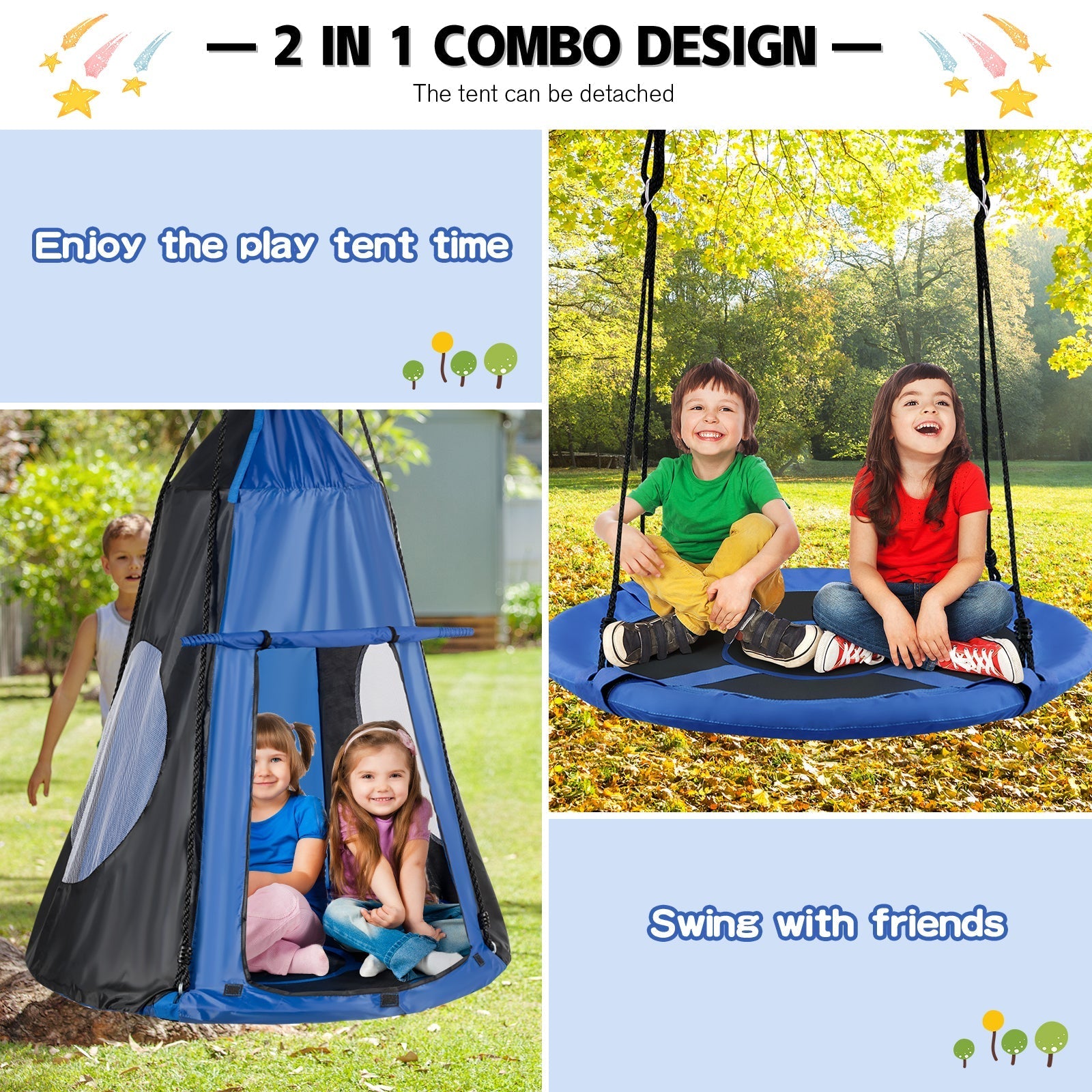 2-in-1 40in kids hanging chair detachable swing tent set in blue by GemGear, kids enjoy swing on Tampa Home & Garden Store