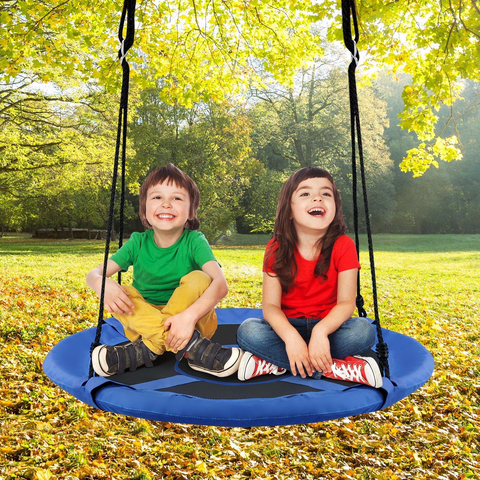 2-in-1 40in kids hanging chair detachable swing blue seat with black ropes two children on a park swing on Tampa Home & Garden Store