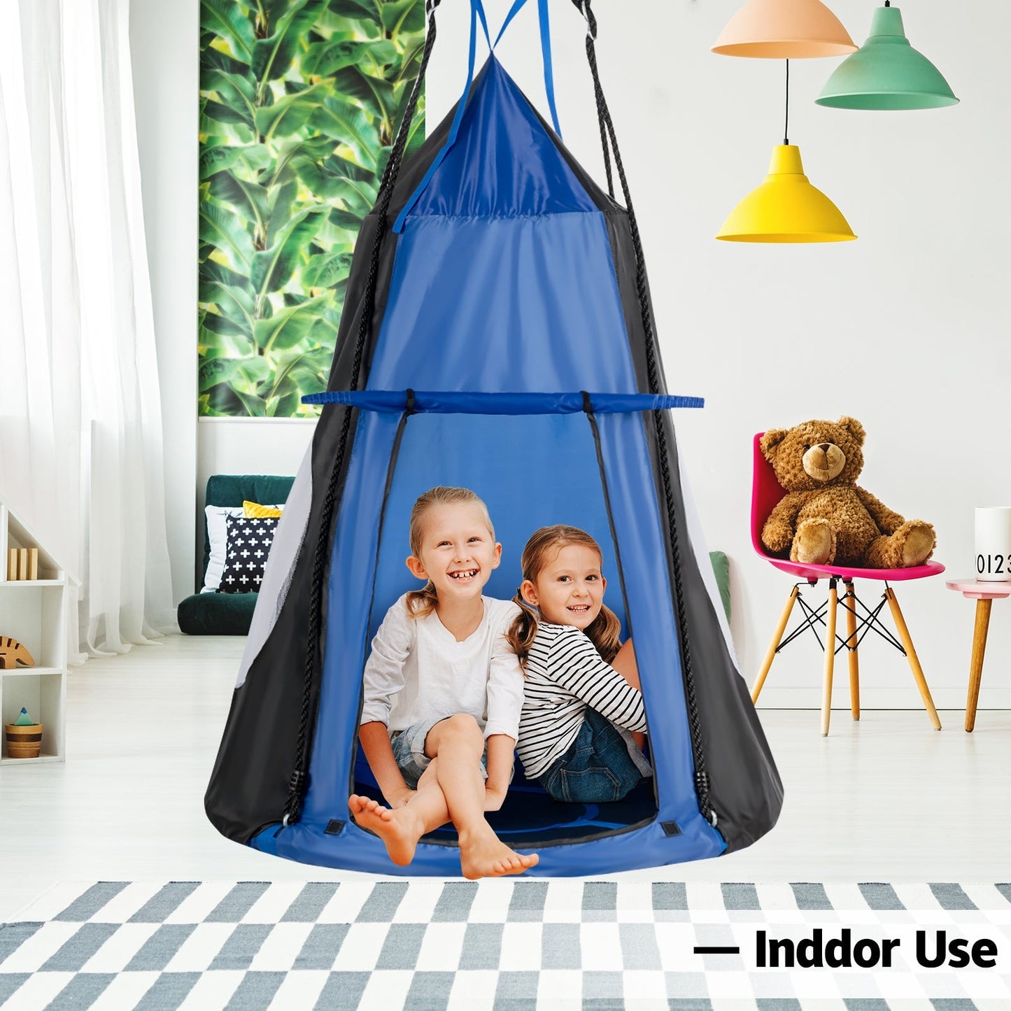 GemGear 2-in-1 40 Inch Kids Hanging Chair Detachable Swing Tent in blue with black sides indoors on Tampa Home & Garden Store