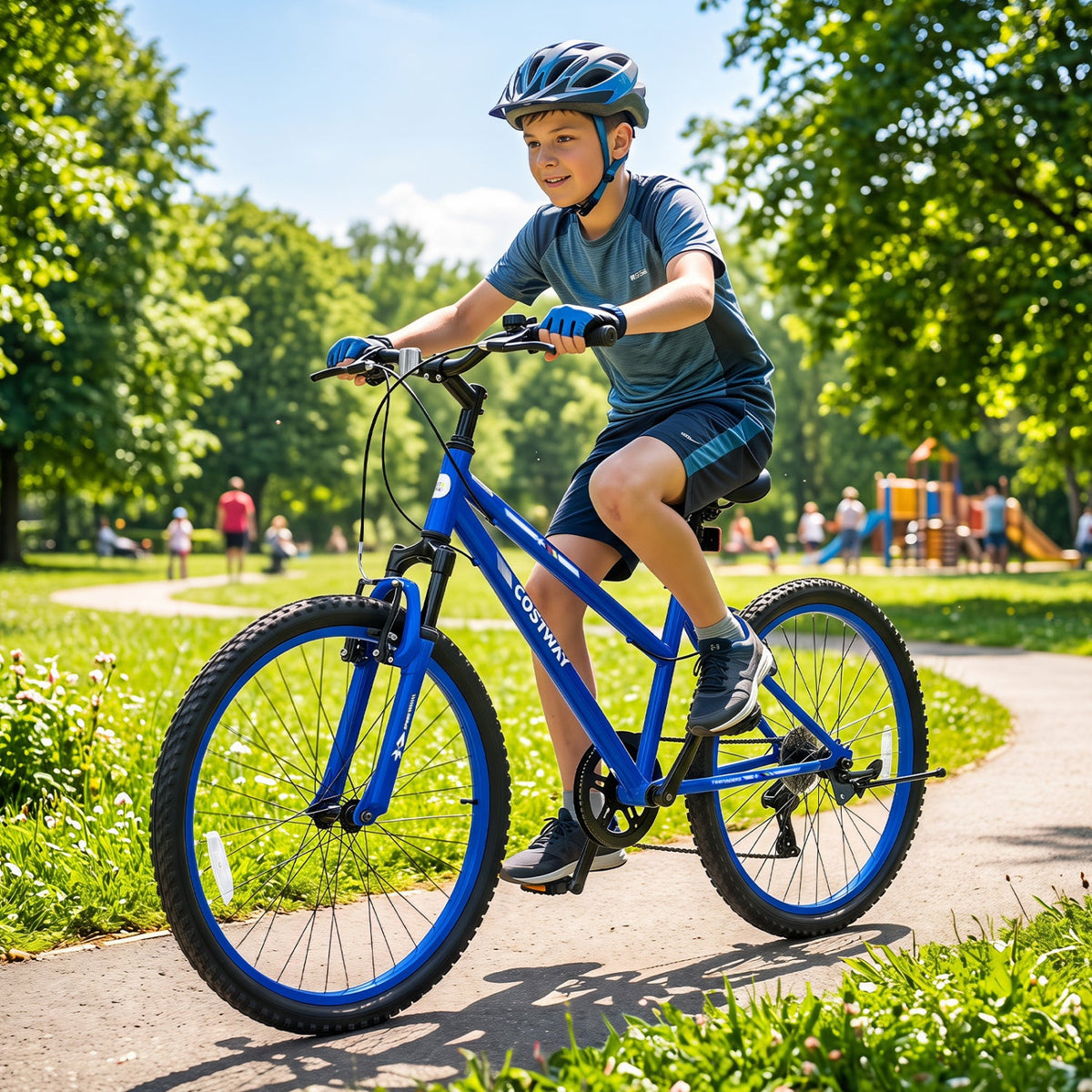 24 Inch Kids Mountain Bike with 7 Speed Gears by DirectDeals, blue frame on Tampa Home & Garden Store