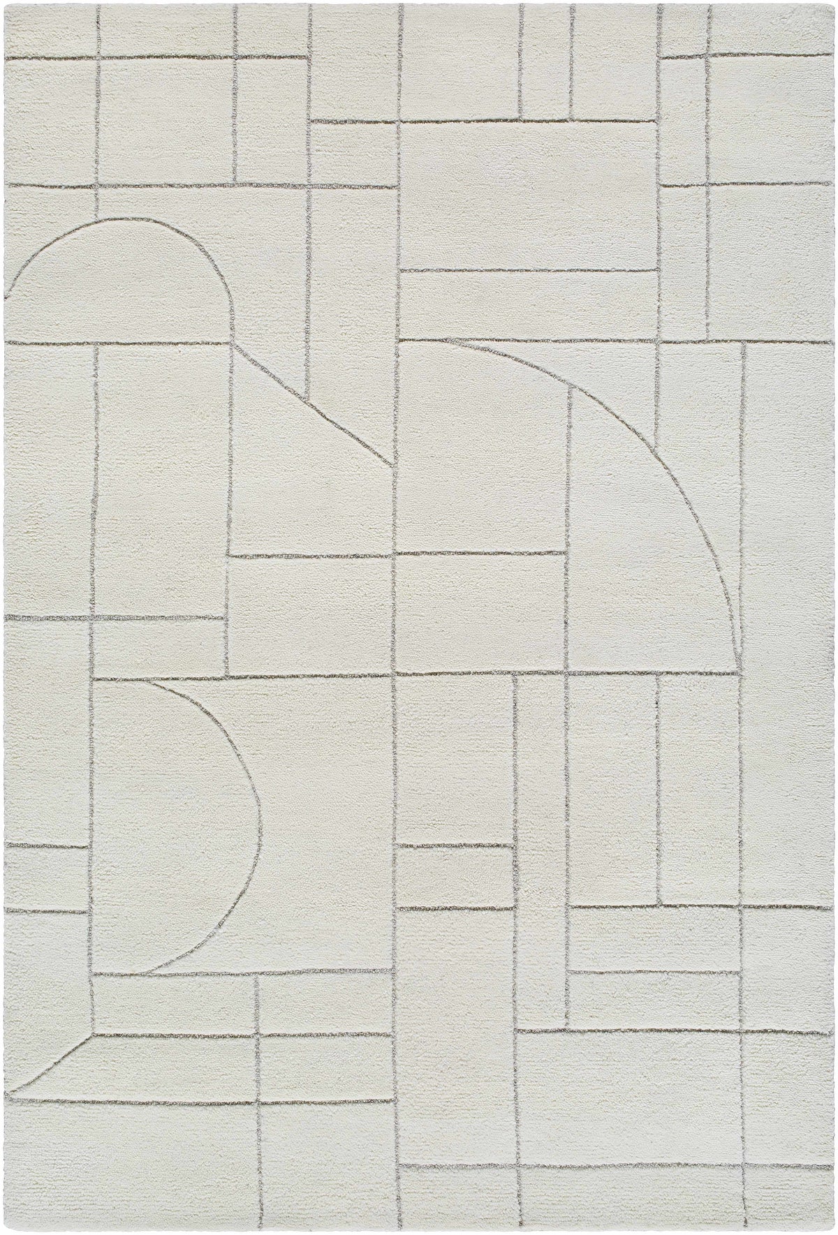 Fusao Off White Area Rug by Boutique Rugs with geometric patchwork and curved arc lines on Tampa Home & Garden Store