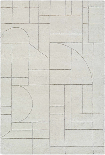 Fusao Off White Area Rug by Boutique Rugs with geometric patchwork and curved arc lines on Tampa Home & Garden Store
