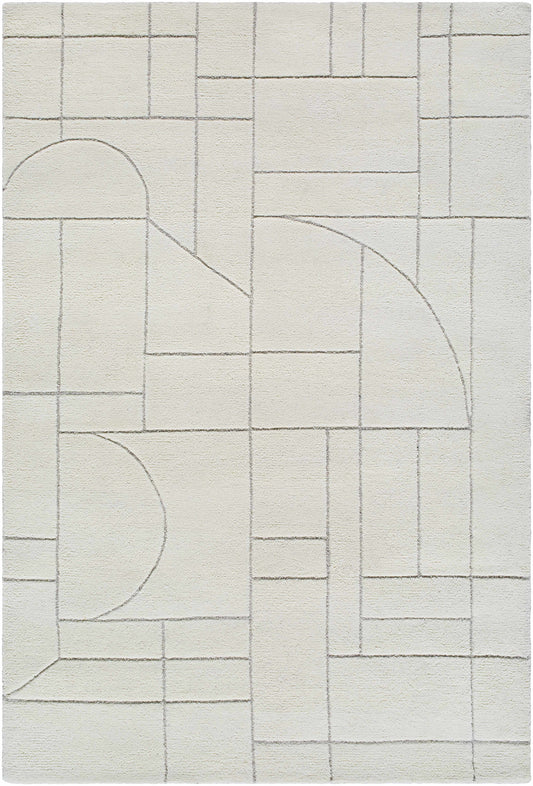 Fusao Off White Area Rug by Boutique Rugs with geometric patchwork and curved arc lines on Tampa Home & Garden Store