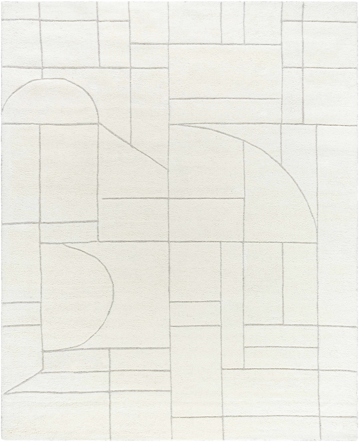 Fusao Off White Area Rug by Boutique Rugs with light gray grid and curved arc lines on Tampa Home & Garden Store