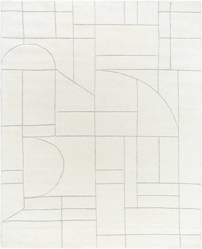 Fusao Off White Area Rug by Boutique Rugs with light gray grid and curved arc lines on Tampa Home & Garden Store