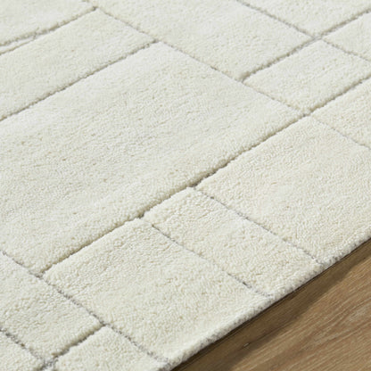 Fusao Off White Area Rug, plush shag with diamond pattern on wood floor on Tampa Home & Garden Store