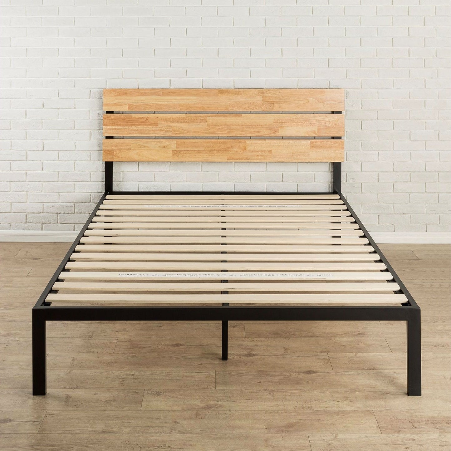 Base de cama tipo plataforma King size moderna de metal con cabecero y listones de madera