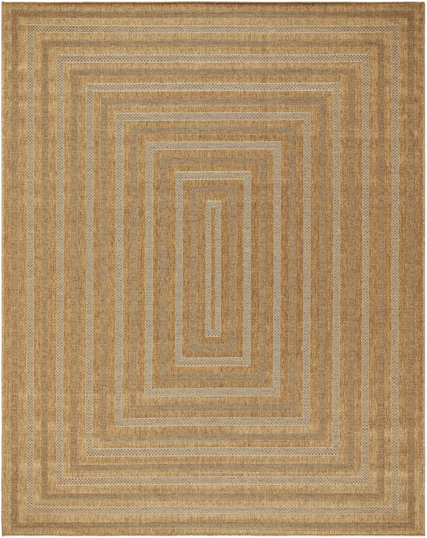Dyami Flatweave Faux Jute Outdoor Rug in tan with concentric border design by Boutique Rugs on Tampa Home & Garden Store