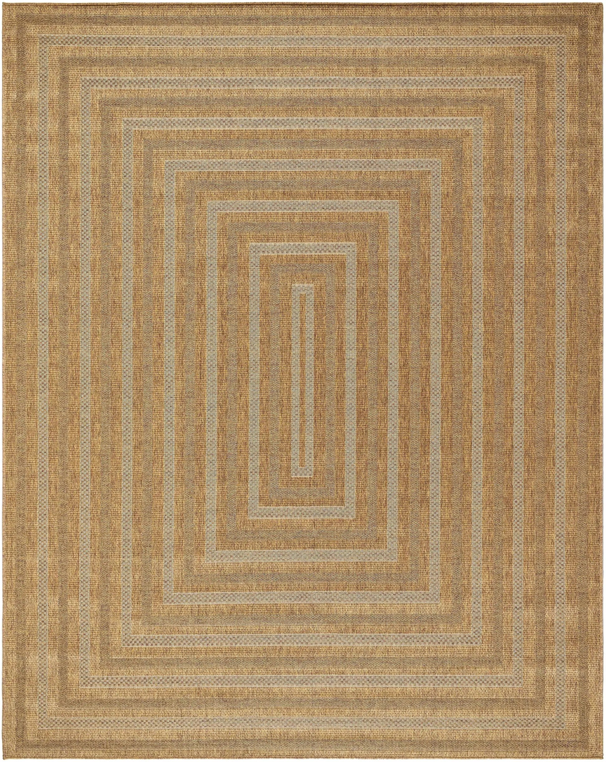 Dyami Flatweave Faux Jute Outdoor Rug in tan with concentric border design by Boutique Rugs on Tampa Home & Garden Store