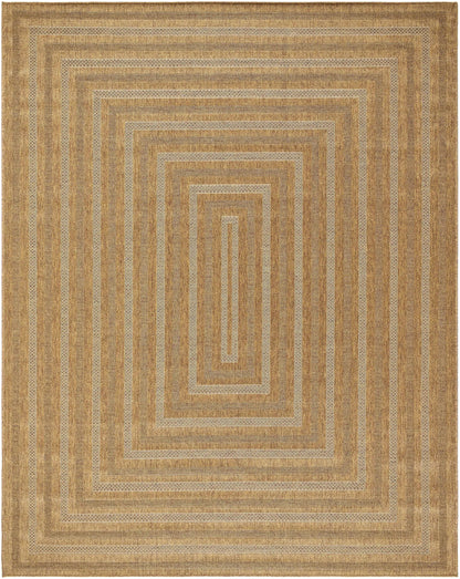 Dyami Flatweave Faux Jute Outdoor Rug in tan with concentric border design by Boutique Rugs on Tampa Home & Garden Store