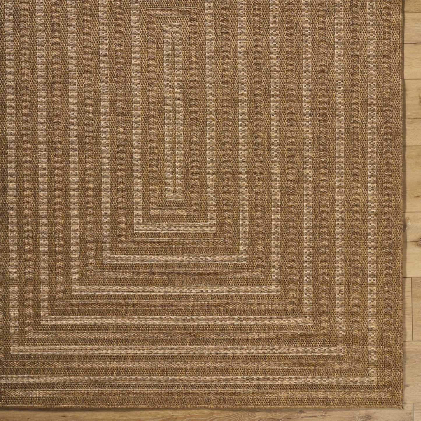 Dyami Flatweave Faux Jute Outdoor Rug brown and tan striped flatweave Boutique Rugs on Tampa Home & Garden Store