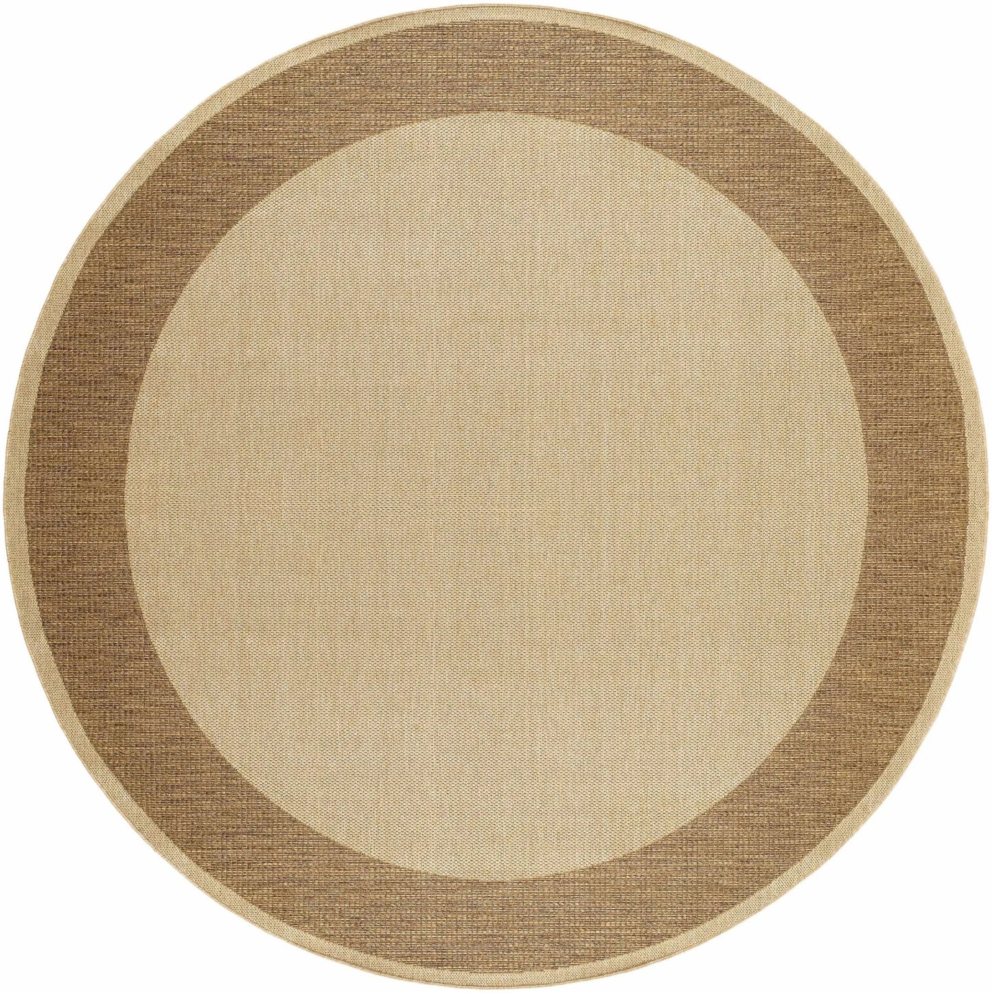 Inigo Flatweave Faux Jute Outdoor Rug Boutique Rugs, beige center with brown border, round on Tampa Home & Garden Store
