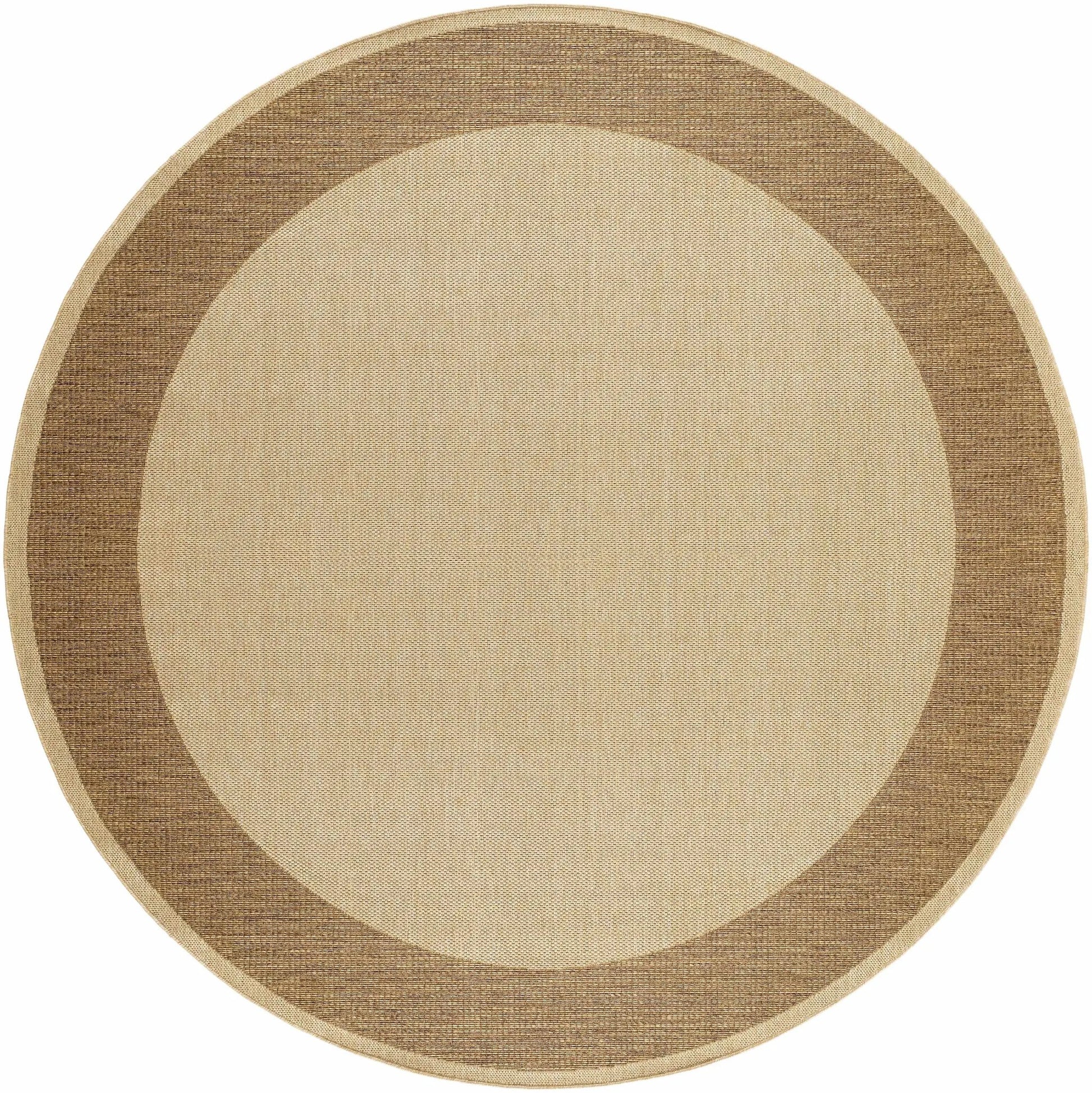 Inigo Flatweave Faux Jute Outdoor Rug Boutique Rugs, beige center with brown border, round on Tampa Home & Garden Store