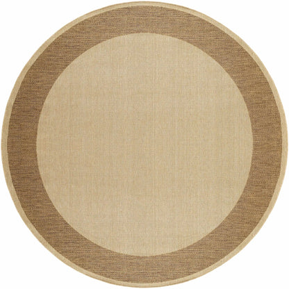 Inigo Flatweave Faux Jute Outdoor Rug Boutique Rugs, beige center with brown border, round on Tampa Home & Garden Store