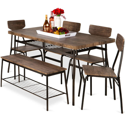 Juego de comedor moderno de 6 piezas con mesa de madera marrón, 4 sillas y banco de almacenamiento