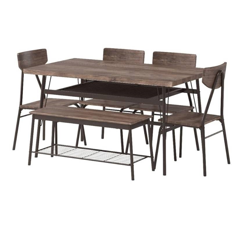 Juego de comedor moderno de 6 piezas con mesa de madera marrón, 4 sillas y banco de almacenamiento