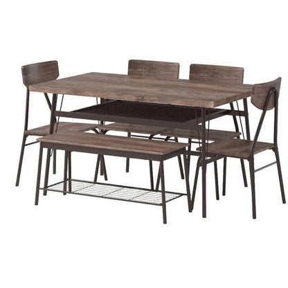 Juego de comedor moderno de 6 piezas con mesa de madera marrón, 4 sillas y banco de almacenamiento