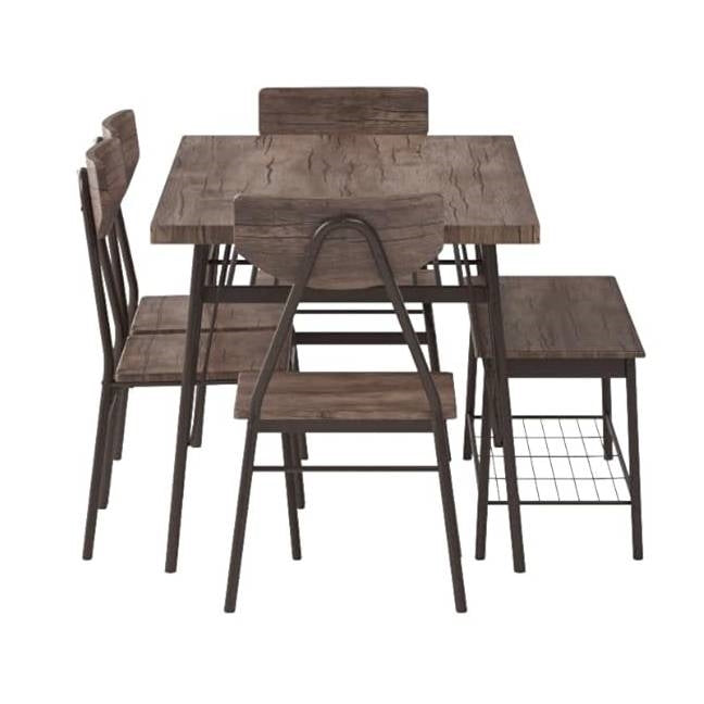 Juego de comedor moderno de 6 piezas con mesa de madera marrón, 4 sillas y banco de almacenamiento