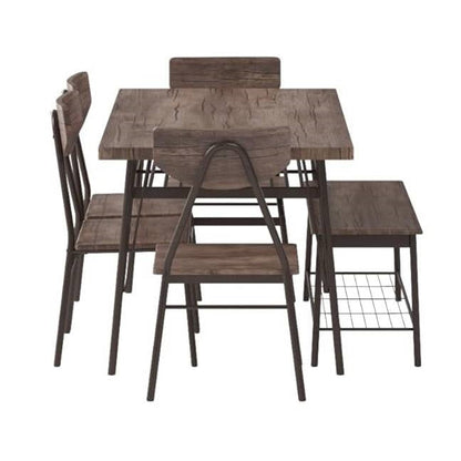 Juego de comedor moderno de 6 piezas con mesa de madera marrón, 4 sillas y banco de almacenamiento