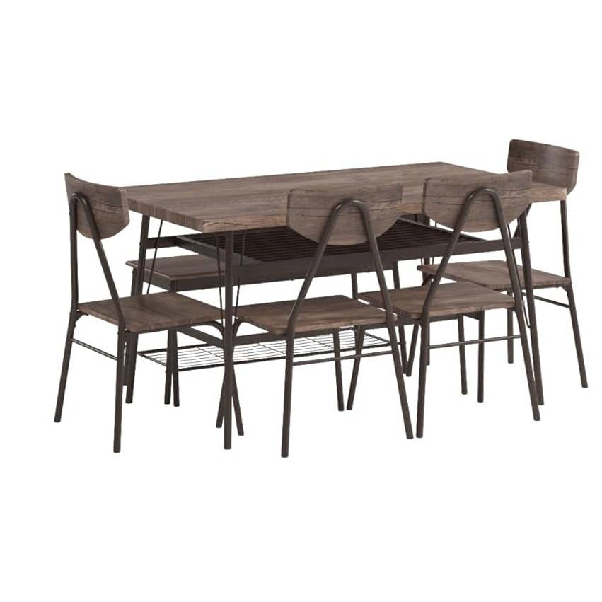 Juego de comedor moderno de 6 piezas con mesa de madera marrón, 4 sillas y banco de almacenamiento