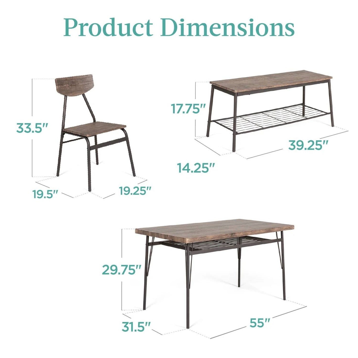 Juego de comedor moderno de 6 piezas con mesa de madera marrón, 4 sillas y banco de almacenamiento