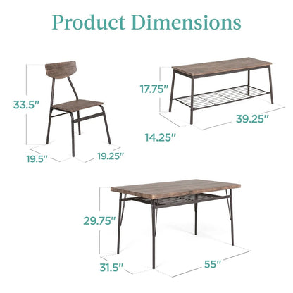 Juego de comedor moderno de 6 piezas con mesa de madera marrón, 4 sillas y banco de almacenamiento