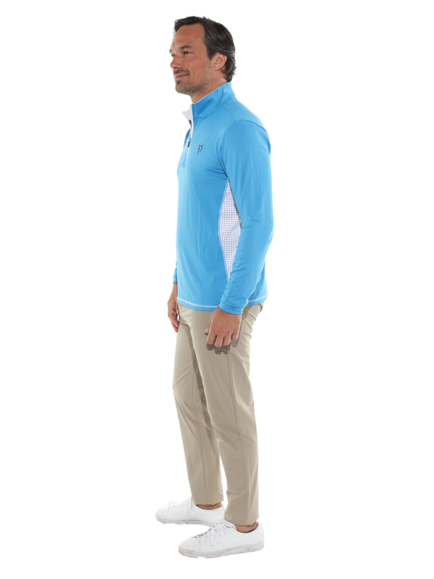 Southport blue long-sleeve jacket by White Water Life, profile view with white side panel on Tampa Home & Garden Store
