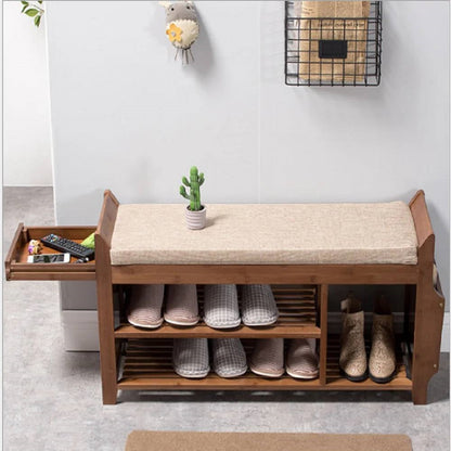Banco Zapatero de Madera Maciza para Entrada con Asiento Acolchado, 2 Estantes y Cajón