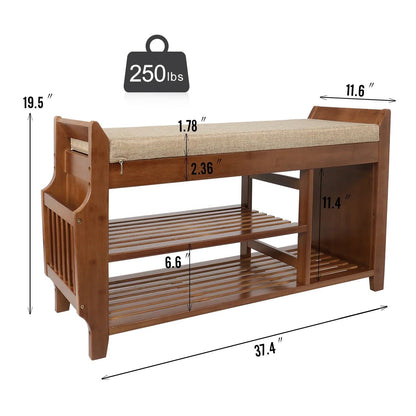 Banco Zapatero de Madera Maciza para Entrada con Asiento Acolchado, 2 Estantes y Cajón