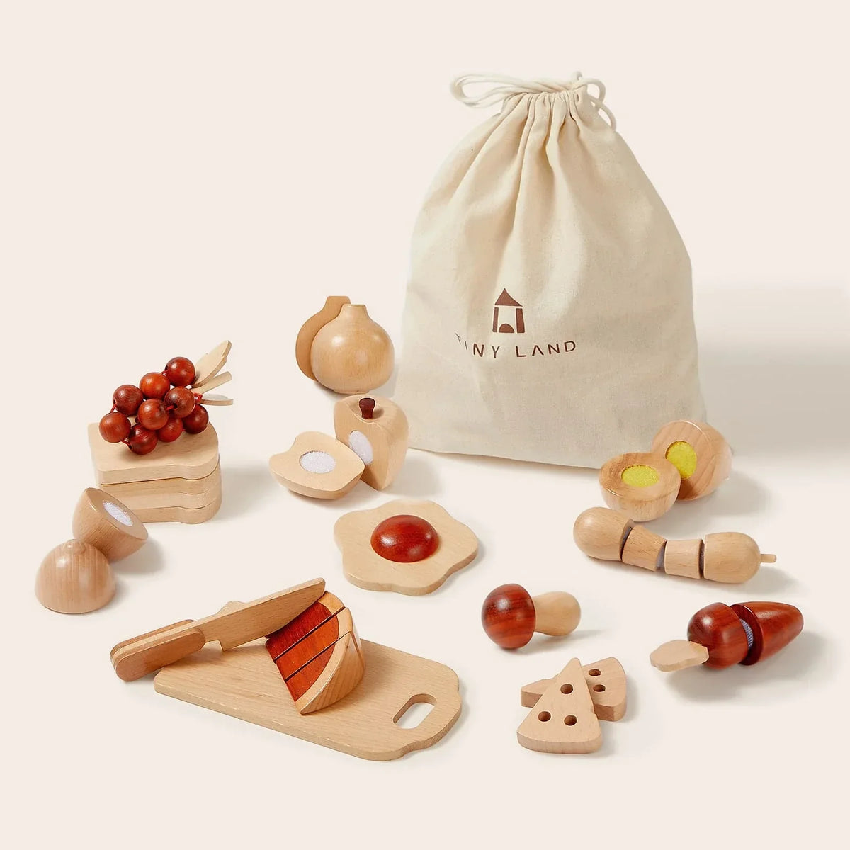 Tiny Land wooden cut and play food set with berries and sliced veggies in natural wood on Tampa Home & Garden Store