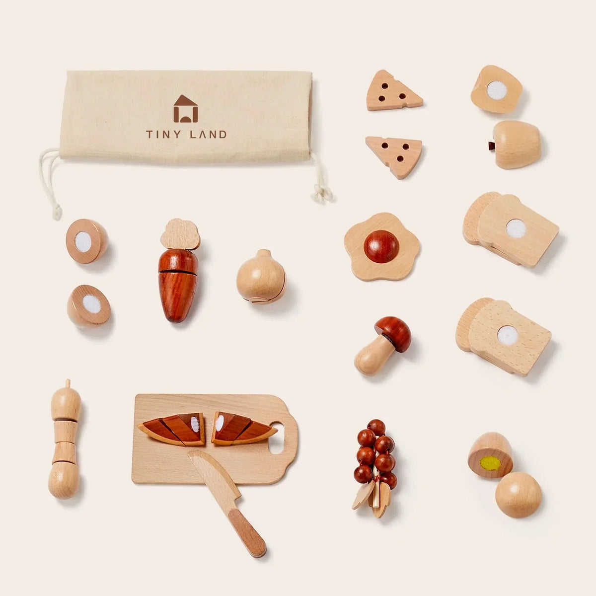 Play Food by Tiny Land INC wooden cut-and-play food pieces in a drawstring bag on Tampa Home & Garden Store