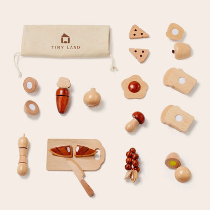 Play Food by Tiny Land INC wooden cut-and-play food pieces in a drawstring bag on Tampa Home & Garden Store