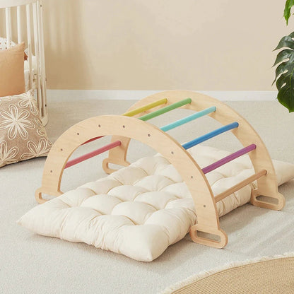 Tiny Land INC 7-in-1 Rainbow Climbing Set with Play Pad, wooden arches and pastel rainbow rungs on Tampa Home & Garden Store