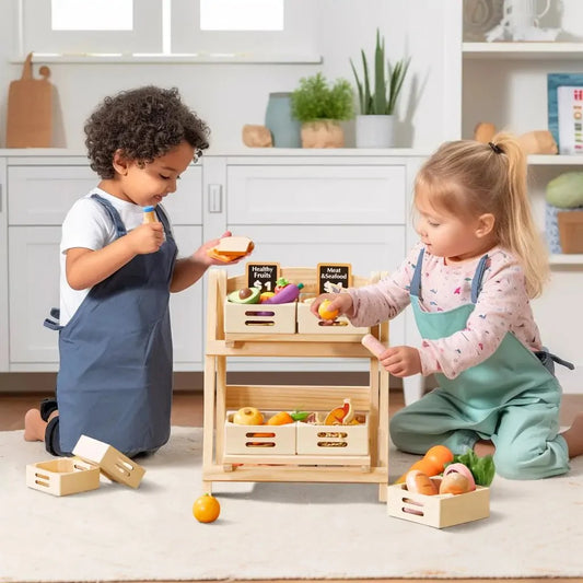 Play Kitchen Accessories Tiny Land wood rack with crates of pretend produce kids playing on Tampa Home & Garden Store