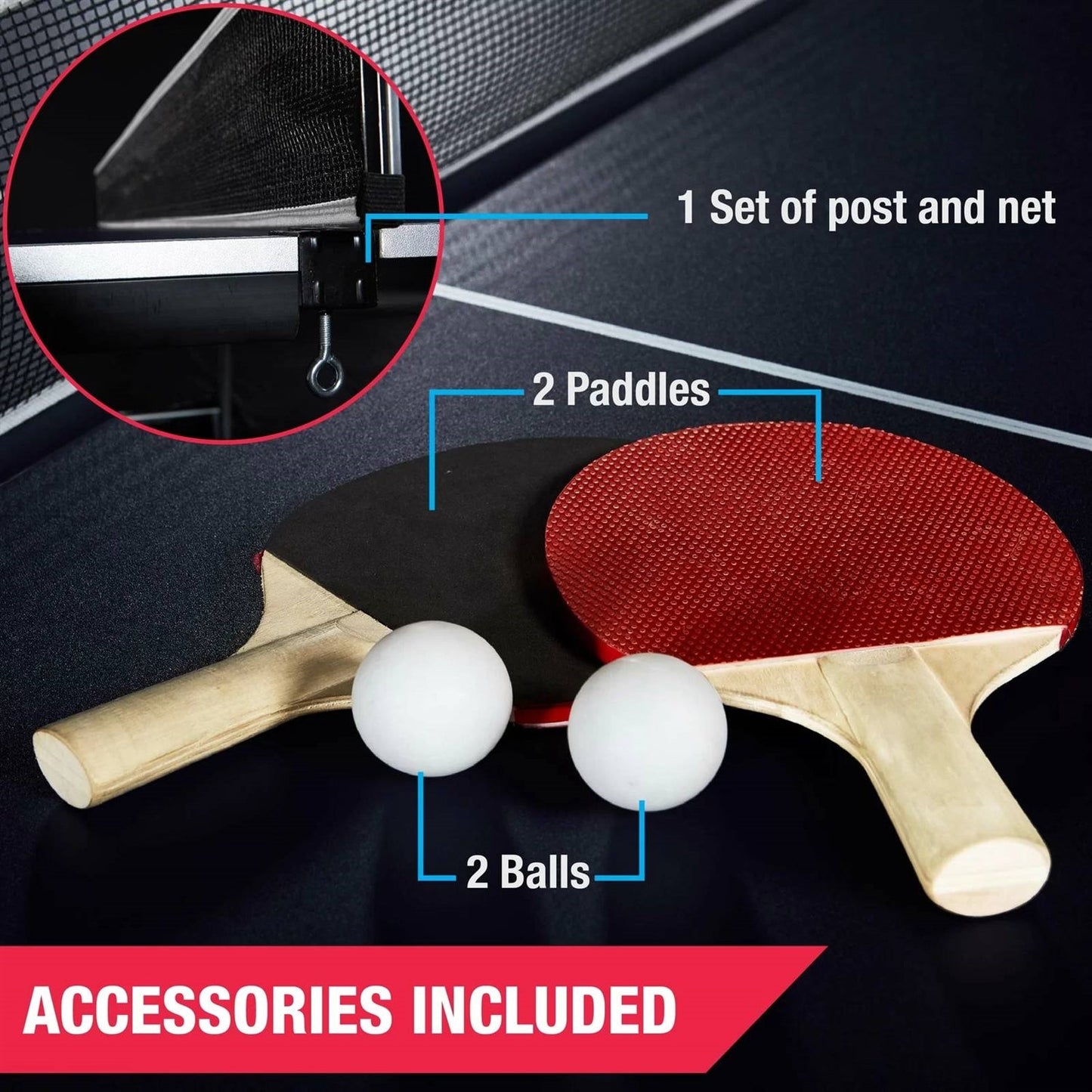 Set oficial de tenis de mesa azul con red, 2 pelotas y 2 palas