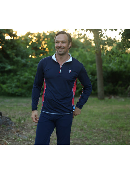 Southport navy athletic top with red side panels and white collar trim on a man outdoors on Tampa Home & Garden Store