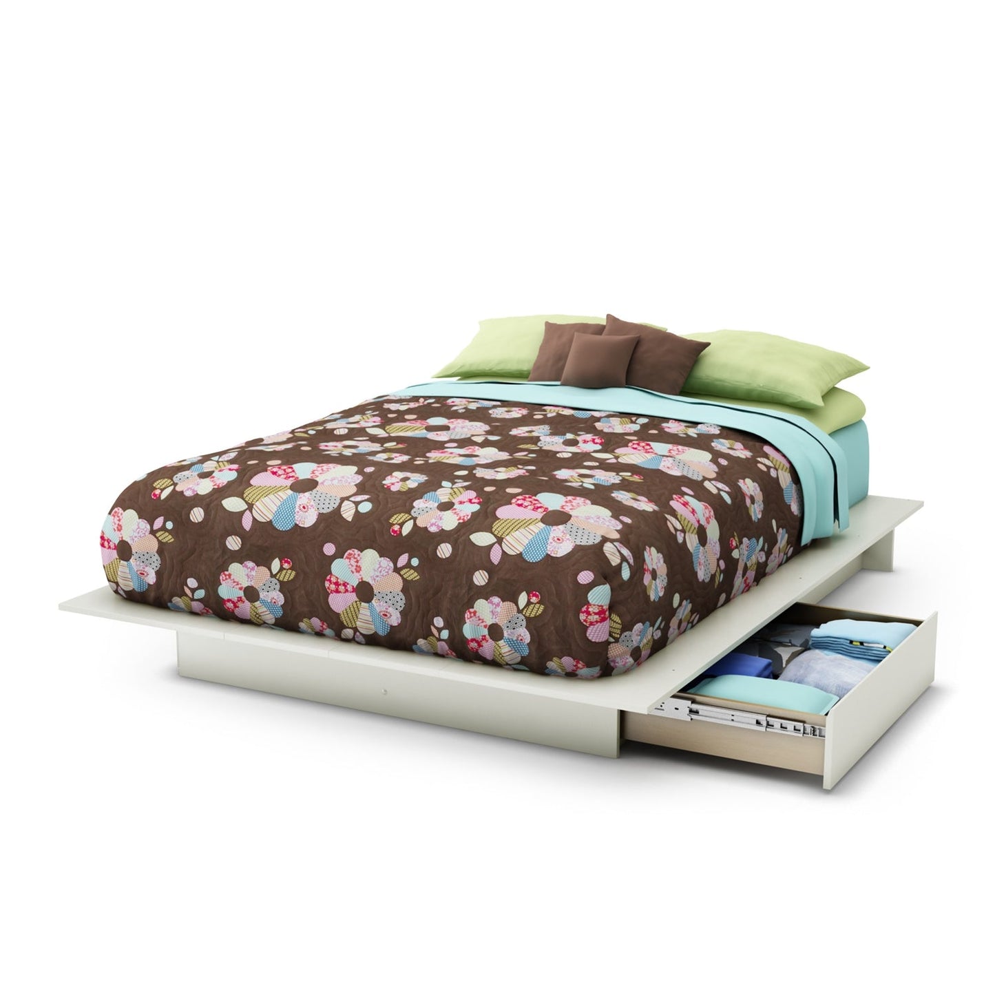 Cama moderna Queen Size con plataforma y 2 cajones de almacenamiento en acabado blanco