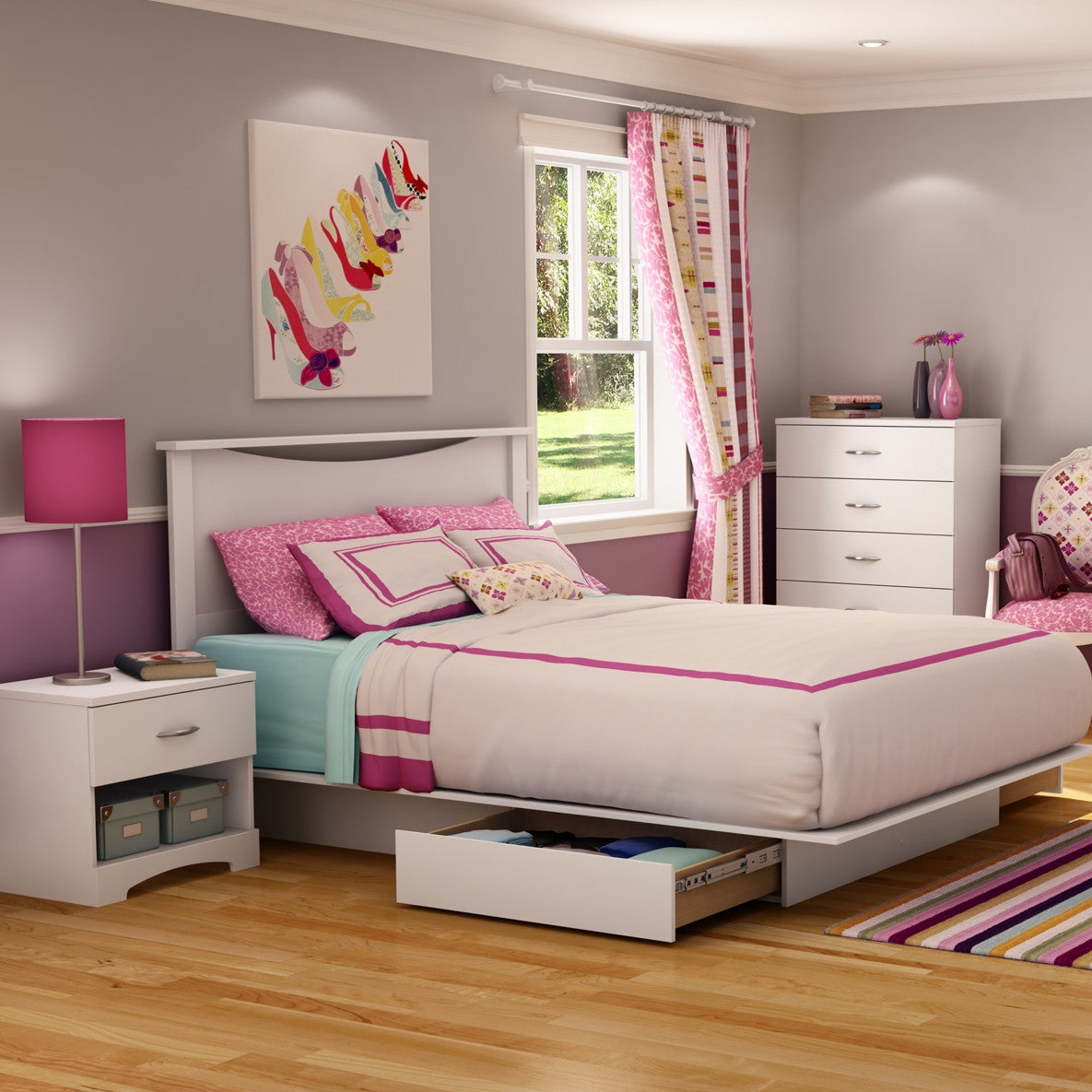 Cama moderna Queen Size con plataforma y 2 cajones de almacenamiento en acabado blanco