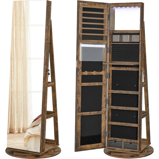 Rustic Brown Wood Jewelry Cabinet Armoire Organizer Freestanding Rotating Mirror - Tampa Home & Garden Store