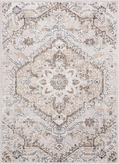 Mudgee Area Rug by Boutique Rugs in beige with distressed blue-gray antique medallion pattern on Tampa Home & Garden Store