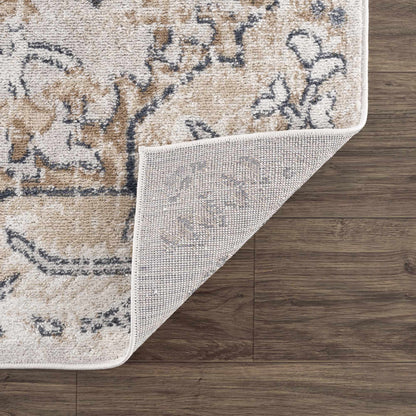 Mudgee area rug by Boutique Rugs, beige plush with gray brown abstract pattern, folded corner on Tampa Home & Garden Store